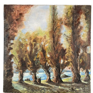 Vintage French Canal River Lake Trees Oil Painting On Canvas Wall Decor circa 1960&#39;s / EVE