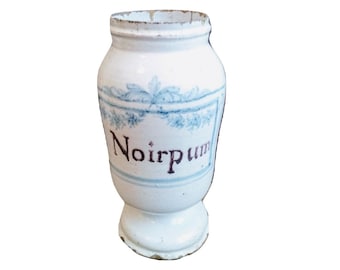 Antiquité Française de Noirpum bleu blanc faïence poterie pharmacie apothicaire médical Pot Vase conteneur accessoire de rangement c1750 / EVE de France