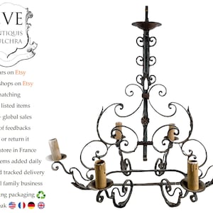 Antique French Iron Hanging Chandelier Six Electric Light Lantern Candle Hanging Lamp Decor Pendant Chateaux Manoir Design c1910&#39;s / EVE