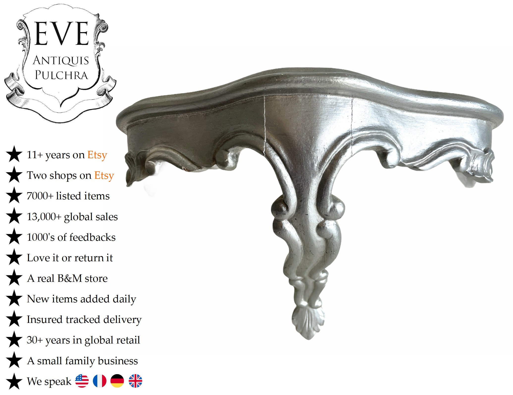 Vintage Français Étagère Argent Richement Décoré Petit Socle Mural Suspendu C1980/Eve de France