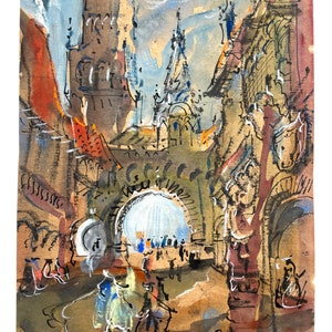 Vintage Moroccan Street Scene Houses Buildings Small Watercolour Painting Wall Decor circa 1987 / EVE