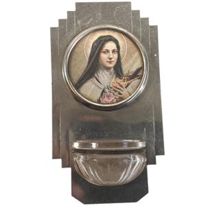 Vintage French Small Blessing Font Nun Saint With Crucifix Catholic Church Chapel Cross Religious Gift Holy Water c1950-60&#39;s / EVE