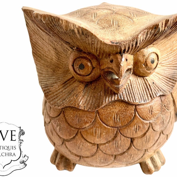 Vintage French Owl Wooden Bird Carving Ornament Figurine Sculpture Statue Display Gift Present Wood c1980-90's / EVE de France