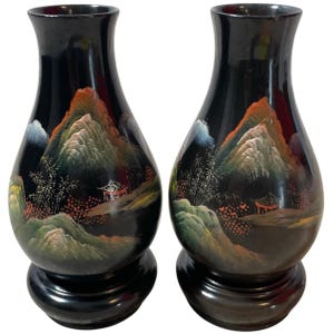 Vintage Chinese Black Resin Small Hand Painted Vase Pot Ornament Figurine Prop Display c1970-80&#39;s / EVE