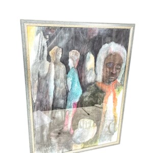 Pode incluir: Uma pintura em aquarela emoldurada que retrata quatro figuras em um ambiente escuro. As figuras estão parcialmente obscurecidas, com apenas suas cabeças e ombros visíveis. A pintura é assinada "from E.S.O."