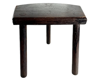 Vintage French D Stool Traditional Small Milking Wooden Brown Wood Small Chair Stand Display Plinth Seating Pot Tabouret c1960-70's / EVE