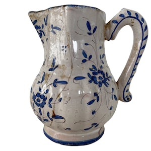 Antique French Faience Blue And White Handled Clay Pottery Pot Vase Jug Pitcher Container Storage Display Prop DAMAGED circa 1820&#39;s / EVE
