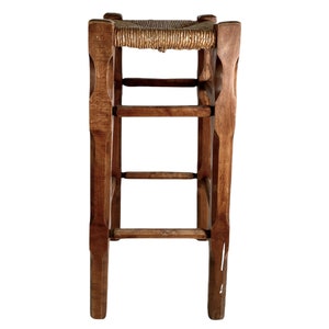 Vintage Tall Rattan Stool French Wooden Wicker Brown Wood Woven Raffia High Chair Seating String Woven Plinth Stand Pot c1970-80&#39;s / EVE
