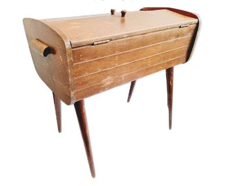 Boîte de rangement artisanale vintage en bois marron, anglais, couture, compartiments extensibles pliants vers 1960-70 / EVE de France