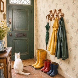 Peut inclure: Intérieur d'entrée avec une porte verte et du papier peint floral. Des bottes de pluie jaunes, un imperméable jaune et un imperméable vert foncé sont suspendus à un porte-manteau en bois. Un parapluie vert et des bottes de pluie colorées sont également visibles.