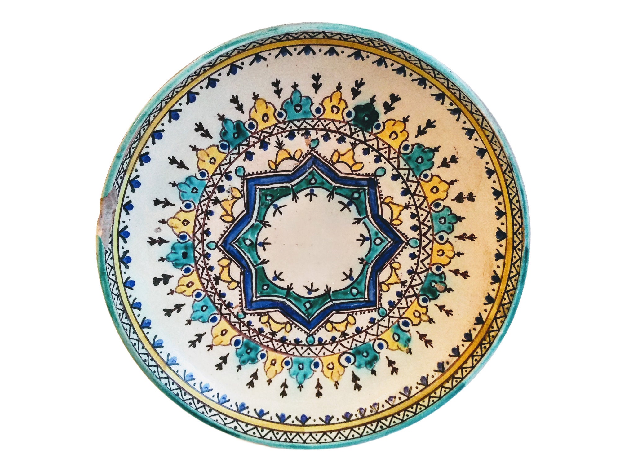 Vintage Moroccan Green White Extra Large Serving Bowl Dish Plate Wall Hanging Ornament Décor Design 