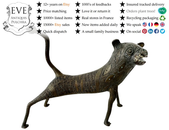 Vintage African Nigerian Benin Bronze Leopard Lion Big Cat Statue