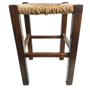 Vintage French Stool Wooden Brown Natural Wood Small Stand Woven Chair Display Rest Plinth Seating Seat Plant Tabouret c1980-1990&#39;s / EVE