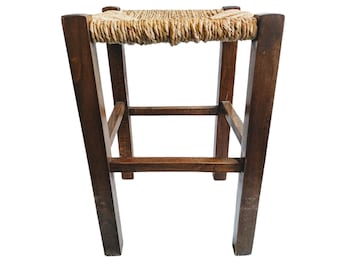 Vintage French Stool Wooden Brown Natural Wood Small Stand Woven Chair Display Rest Plinth Seating Seat Plant Tabouret c1980-1990's / EVE
