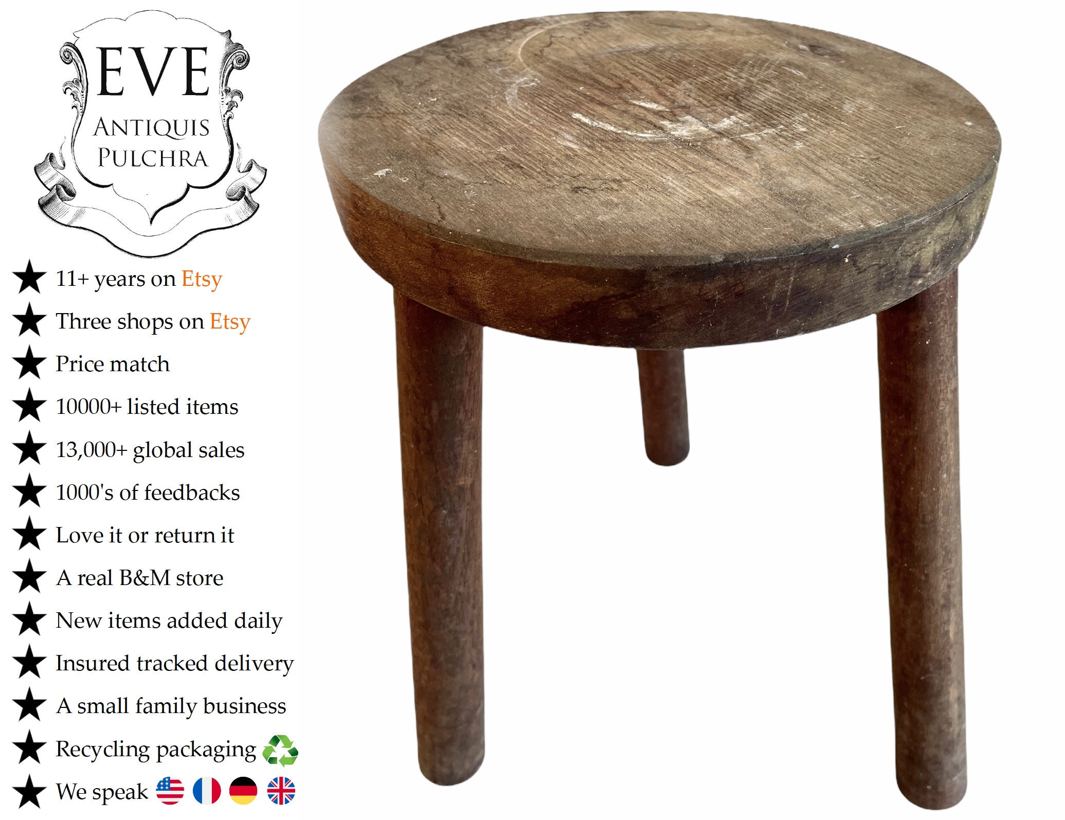 Vintage Français Tabouret en Bois Moyen Simple Chaise de Traite Support Affichage Repos Socle Siège 