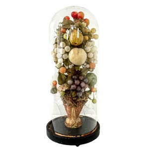 May include: A glass dome encloses a miniature fruit tree with a variety of colourful fruits and berries, including red, green, yellow, and purple. The tree is in a woven basket and sits on a black wooden base.