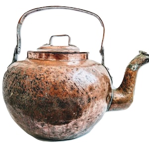 Ancien Français grande cuisinière en cuivre bouilloire Pot ornement décoration accessoire ternissement patine coups dent vers 1850's / EVE de France