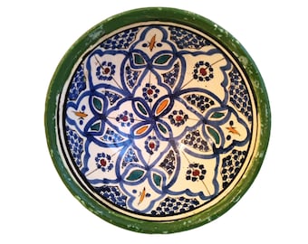 Vintage Moroccan Green Blue White Serving Bowl Dish Plate Wall Hanging Ornament Decor Design Terracotta c1970-80's / EVE de France