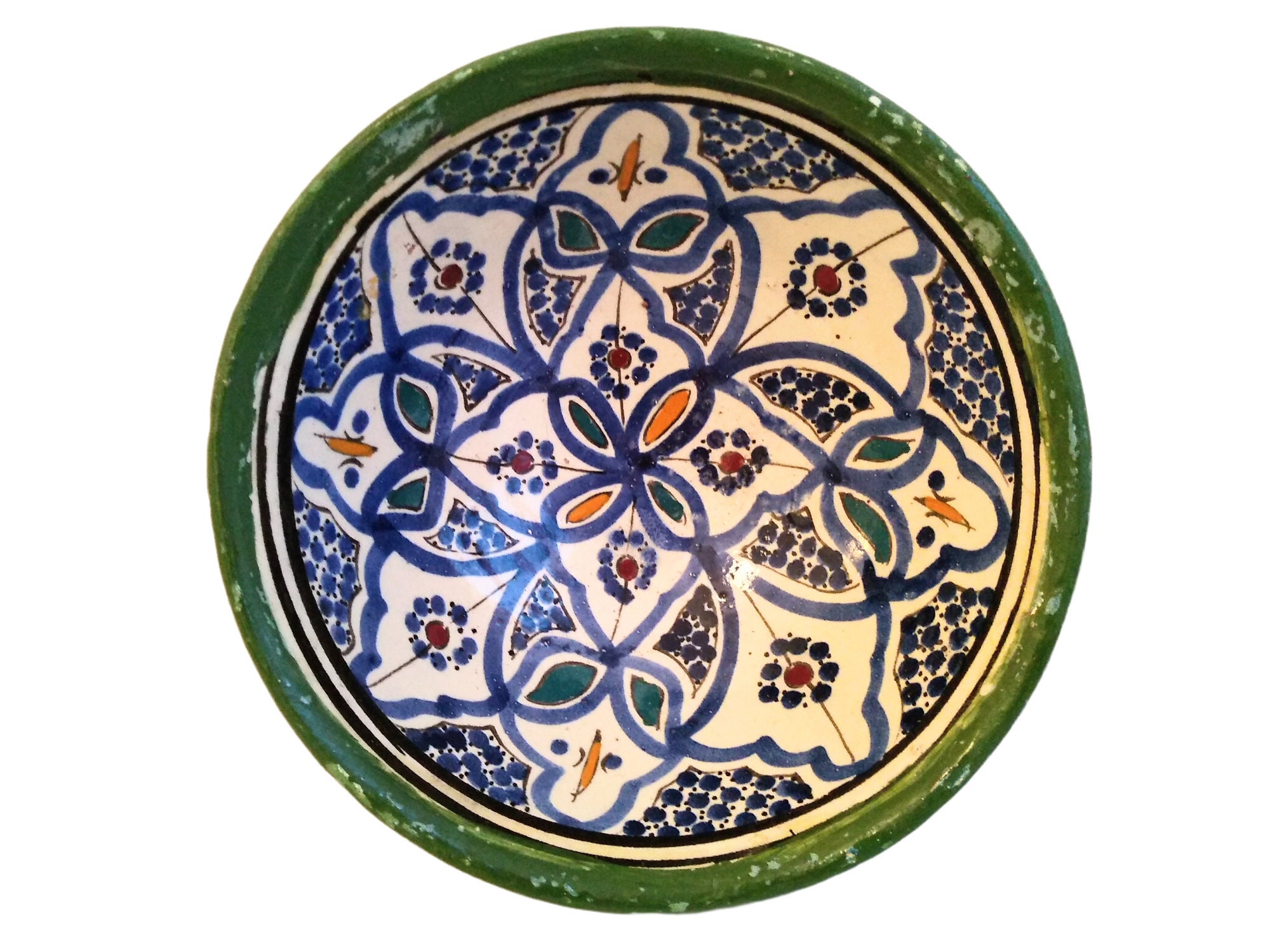 Vintage Moroccan Green Blue White Serving Bowl Dish Plate Wall Hanging Ornament Décor Design Terraco