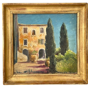 Vintage French Provence Village House Painting Acrylic Skyline Bushes Trees Scenic Countryside Gold Framed c1930-50&#39;s / EVE