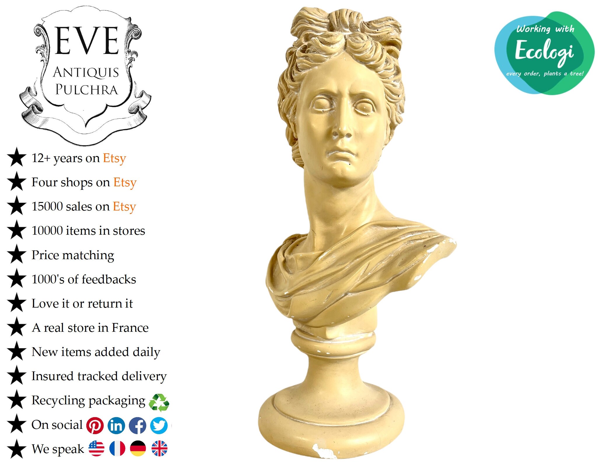 Vintage Français Buste en Plâtre Apollon Du Pirée Pythian Tête Ornement Figurine Affichage Cadeau Gr