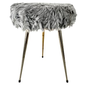 Vintage French Stool Pelfran Style Black Metal Padded Cushioned Fluffy Grey Chair Stand Display Rest Seating Tabouret c1960-70&#39;s / EVE