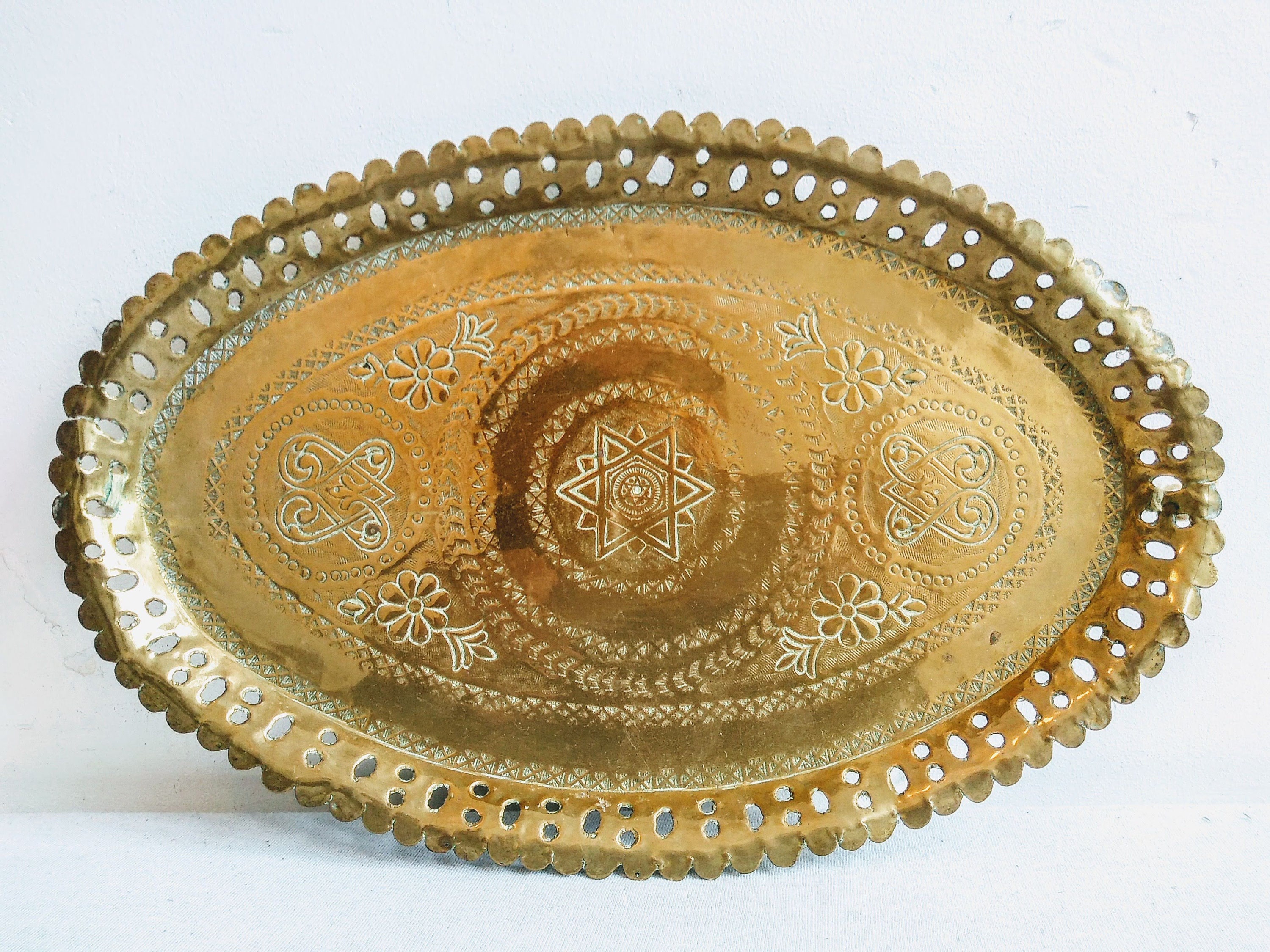 1900s Moroccan Brass Tray Star Etched Collectible Polished Platter