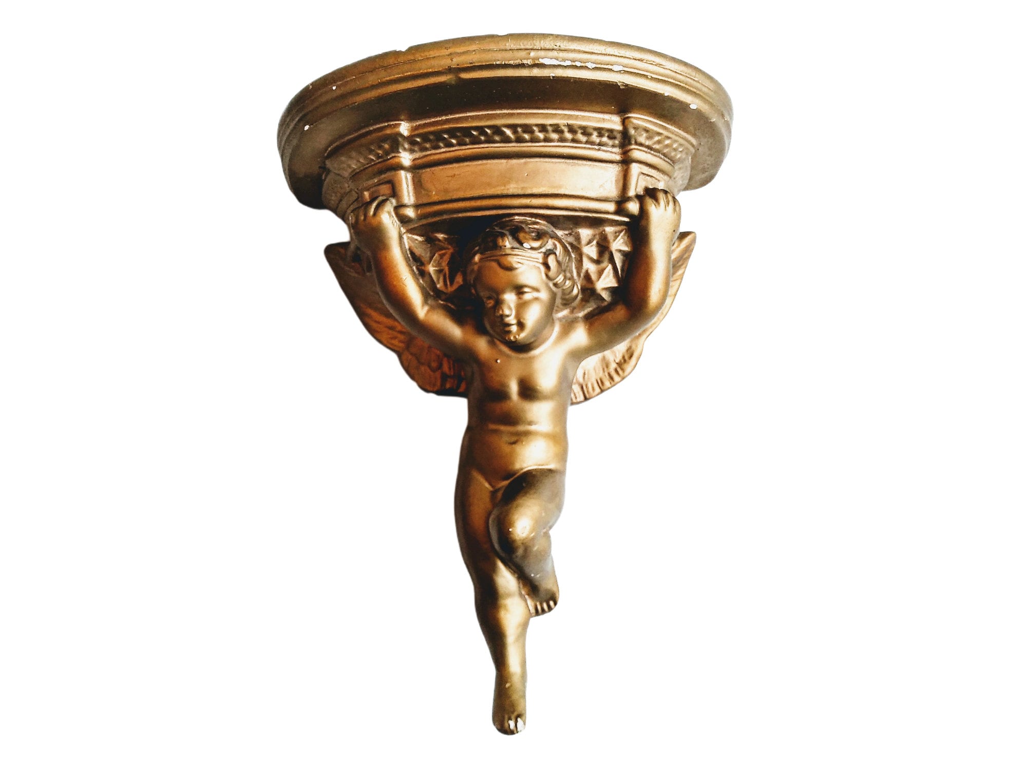 Vintage Français Large Plaster Wall Hanging Gold Cherub Angel Faux Stone Plinth Display Stand Decor 