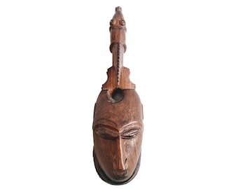 Vintage African Wooden Mask Hanging Wall Decor Intricately Carved Statue Carving Sculpture Wood Tribal Art c1970-80&#39;s / EVE de France