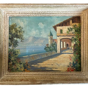 Vintage Italian Lake Como Sailing Boats Trees Tree Church Painting On Canvas circa 1950-60&#39;s / EVE