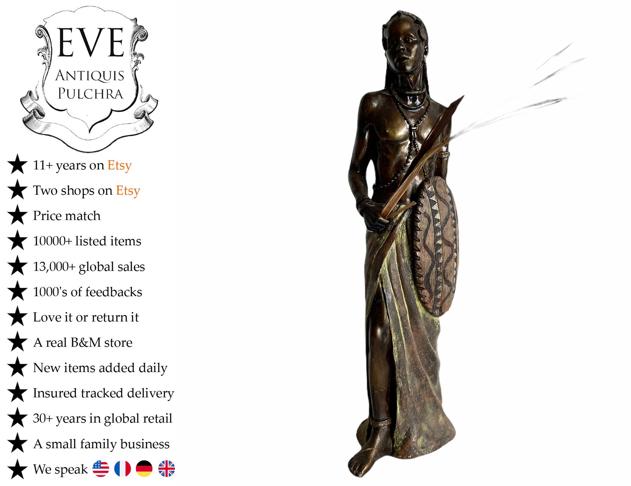 Vintage African Massai Figurine Résine avec Bouclier Endommagé Réparé Art Modèle Sculpture C1980-90/