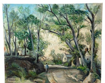 Vintage French Impressionistic Landscape Painting of a Rural Path with Houses by Gambotti .J circa 1950-1960's / EVE