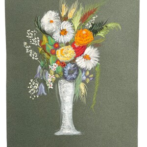 Vintage French Acrylic Painting Of Flowers On Paper Naive Style Wall Decor By Josiane Pasquier c1960&#39;s / EVE