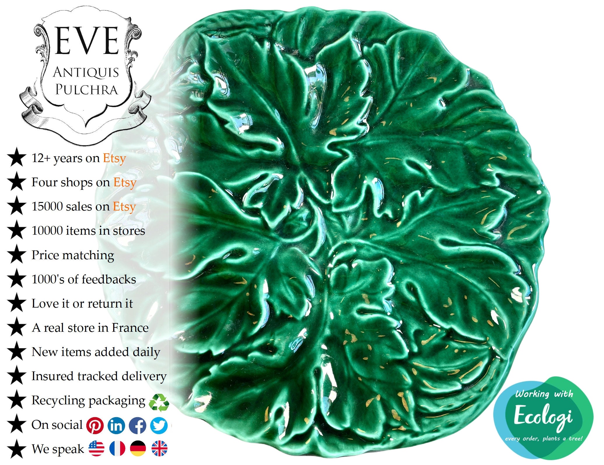 Vintage Français Green Leaf Majolica Plate Dish Server Servant Decorative Glazed Earthenware Ceramic