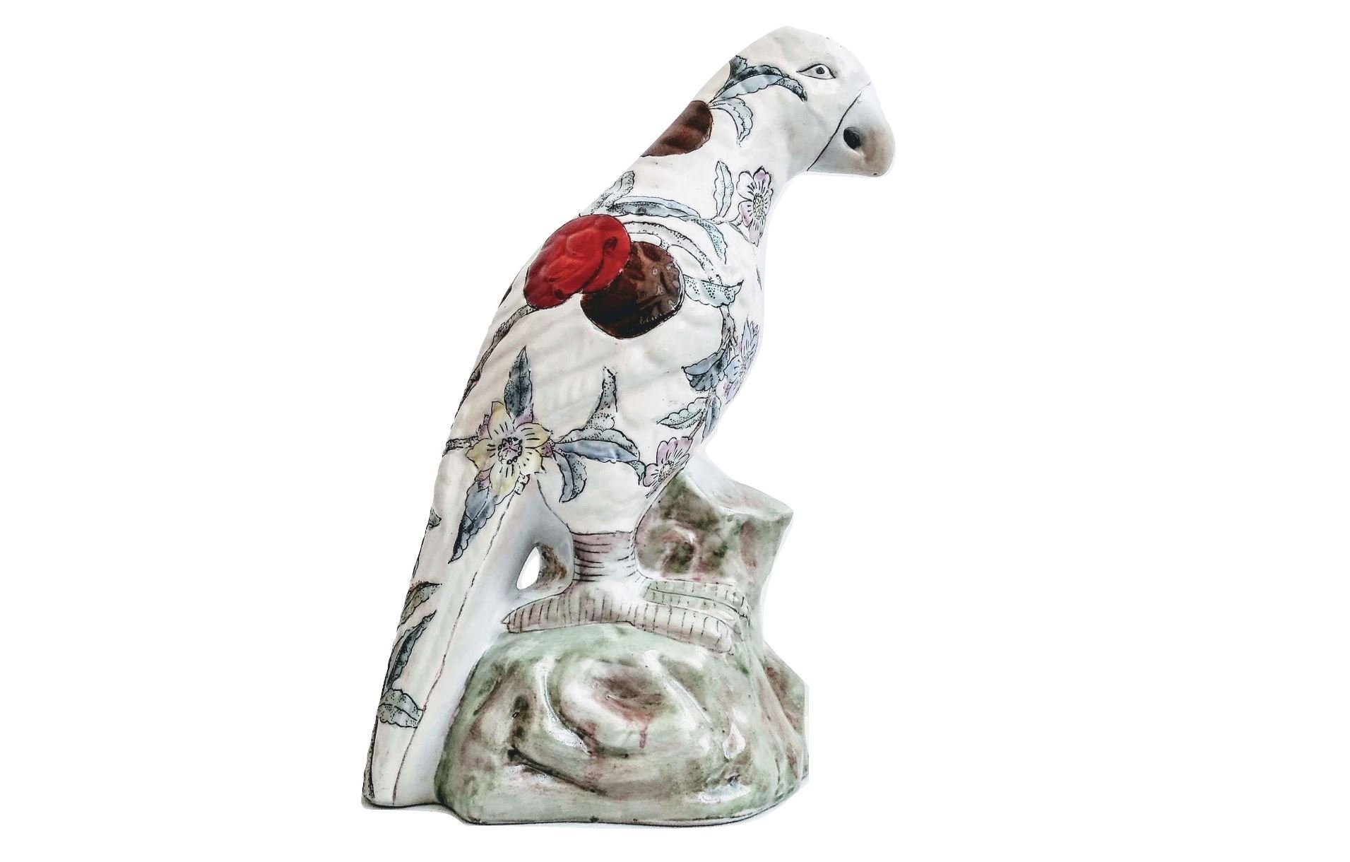 Vintage Chinese Ceramic Colourful Bird Parrot Figurine Ornament Decor Design Animal Green Red White 