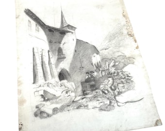 Antique French Pencil Charcoal Drawing Sketch Study Church Castle City Wall On Paper Art c1920's / EVE