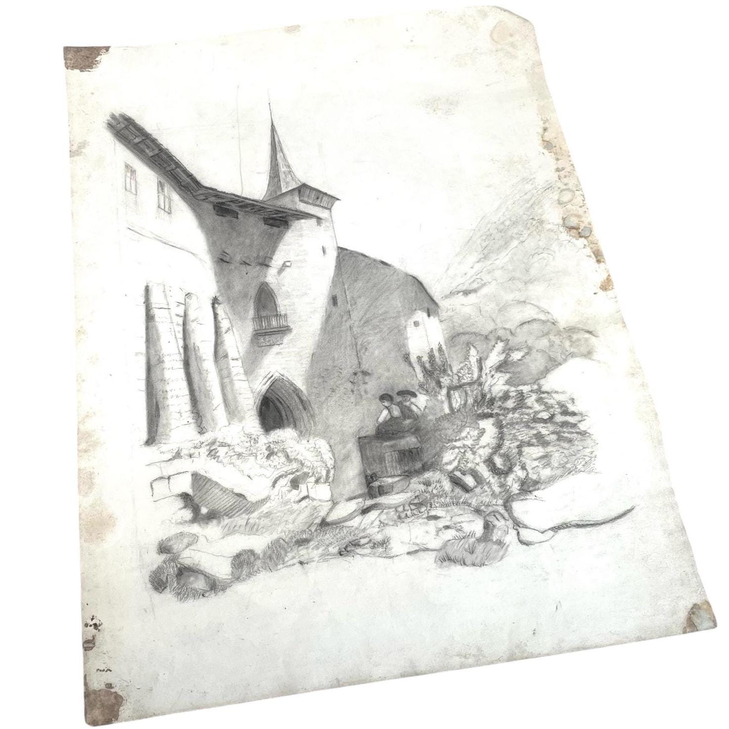 Antique French Pencil Charcoal Drawing Sketch Study Church Castle City Wall On Paper Art c1920's / EVE