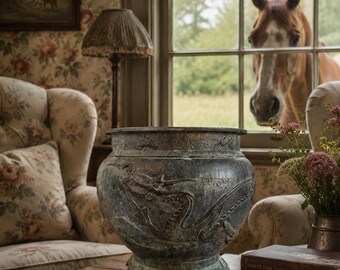Antique Chinese Large Bronze Pot Vase Bowl Planter With Ornate Dragon Decor Storage Display Centrepiece Damaged c1910's / EVE