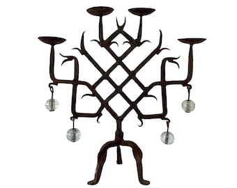 Antique French Candelabra Rusty With Hand Made Glass Attachments Gothic Iron Four Candles Light Lantern Candle Lamp Design c1900's / EVE