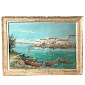 Vintage French Impressionist XL Oil Painting of a Mediterranean Coastal Scene with Boats Wall Decor signed by HLAMIC 1948 / EVE