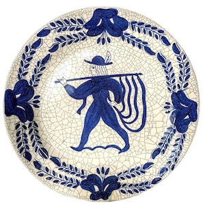 Vintage French Large Flag Carrier Crackle Blue And White Hand Painted Bowl Dish Plate Ceramic Serving Plate Wall Hanging c1950&#39;s / EVE