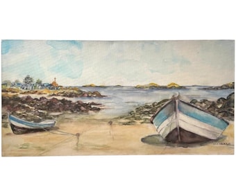 Vintage French Seaside Boat Aquarelle Painting On Canvas Seascape Landscape Original Signed Painting Art Signed circa 1990's / EVE