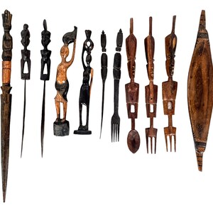 Vintage African Job Lot Collection Pieces Wooden Wood Fork Ceremonial Decorative Decor DIsplay Tribal Prop Wall Hanging c1980-90&#39;s / EVE