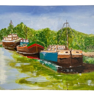 Vintage French Countryside Boat Barge Painting Acrylic Skyline Trees Tree Woodland Field Scenic Path On Canvas France circa 1980-90&#39;s / EVE