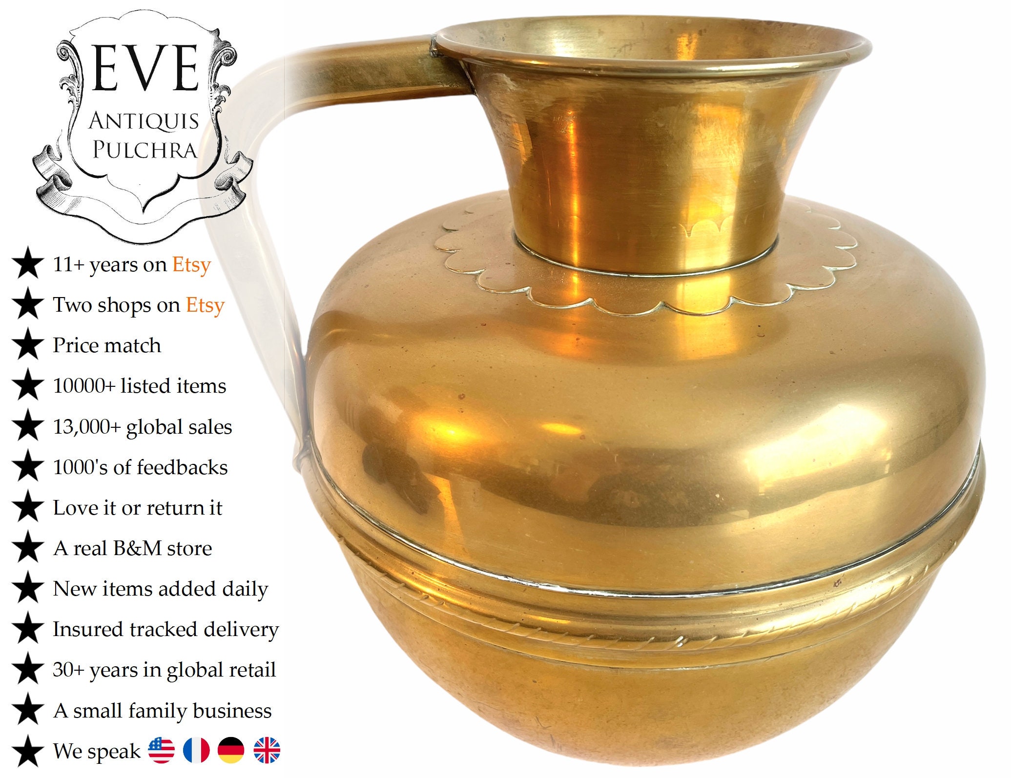 Vintage Brass Vase Pot Villedieu Métal Grand Manche Pichet Porte-Récipient Design Intérieur Décor Tr