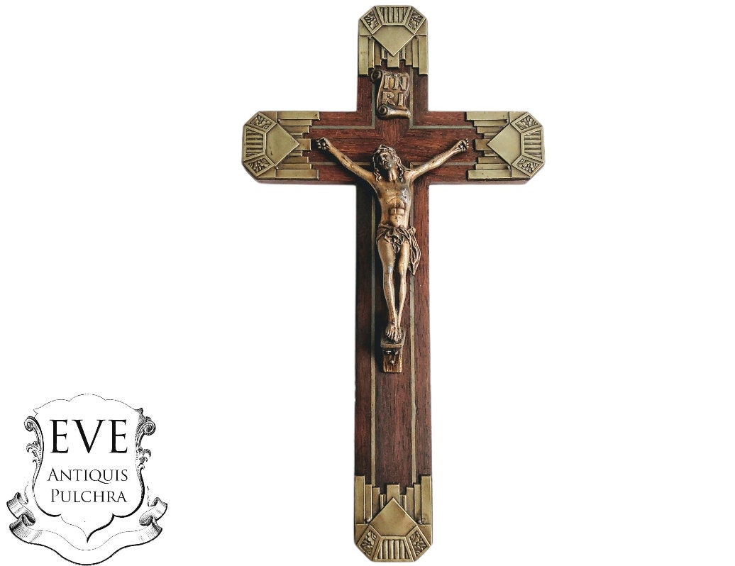 Vintage Français Crucifix Wood Metal Christ With Patina Catholic Church Chapel Cross Religious Symbo