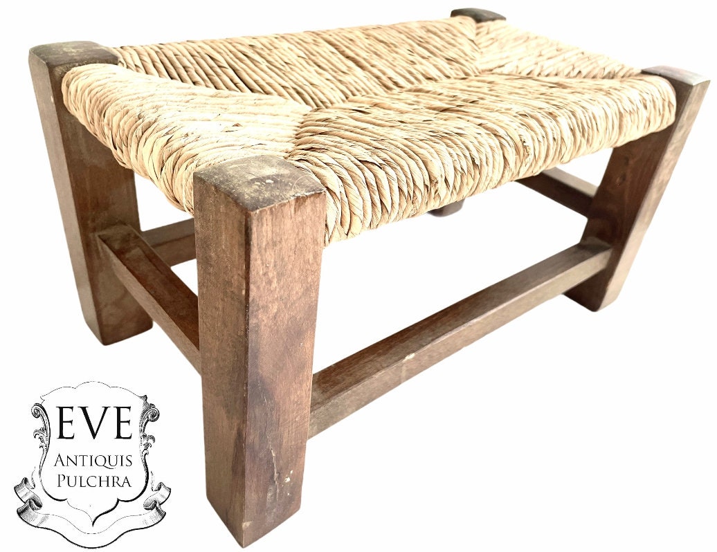 Vintage Français Bois Marron Naturel Tissé Ficelle Tabouret Chaise Stand Présent Repos Plinth Seatin