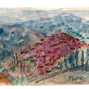 Vintage French &quot;Hazy Day&quot; Abstract Town Village In Forest Small Watercolour Painting On Paper Wall Decor Decoration c1970&#39;s / EVE