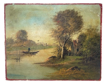 Antique French Painting Of River Scene Oil River Punt Boat Cabin Skyline Scenic On Canvas c1890's / EVE