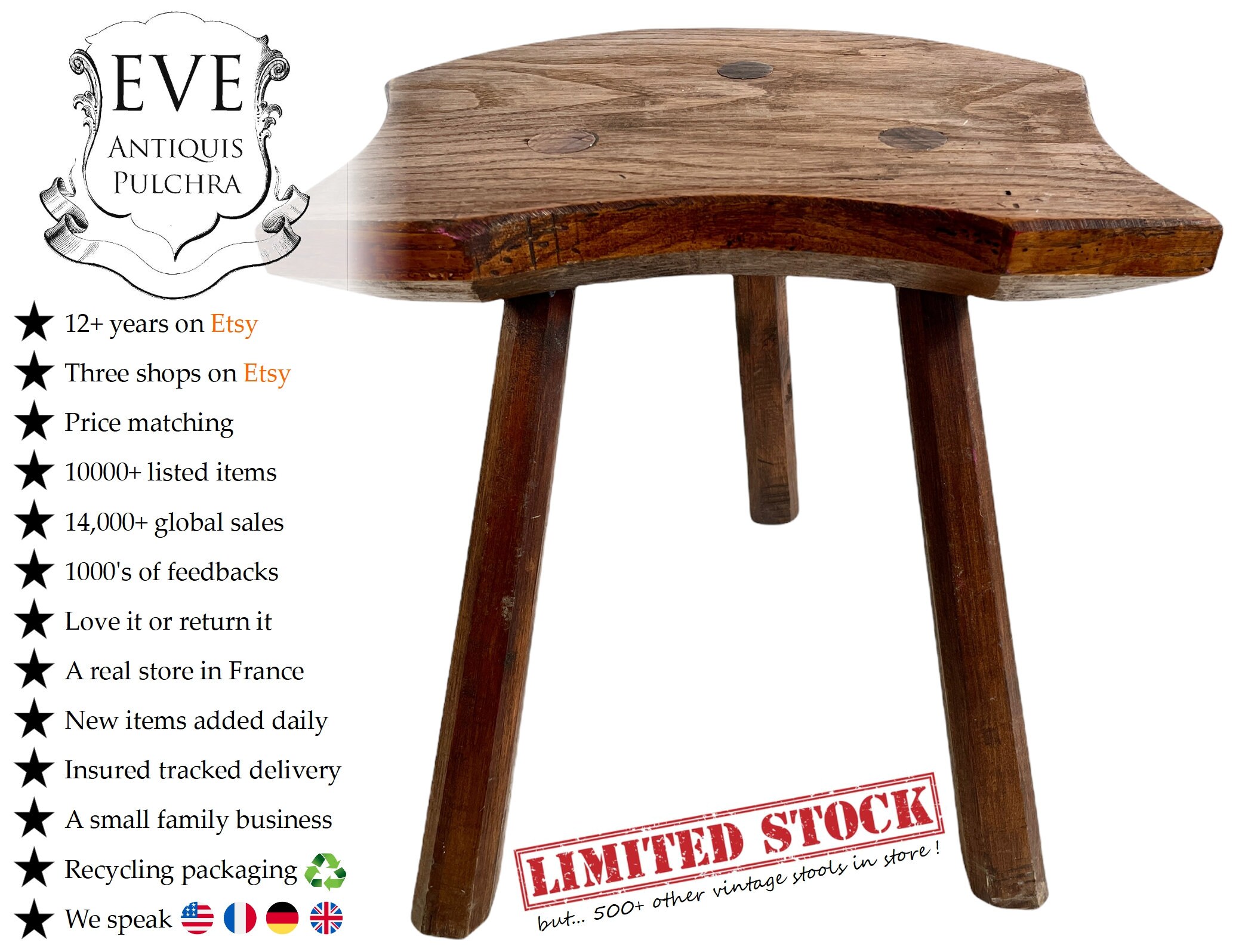 Vintage Français Petit Traditionnel Trict à Trois Jambes D Tabouret Bois Marron Stand Présentoir Rep
